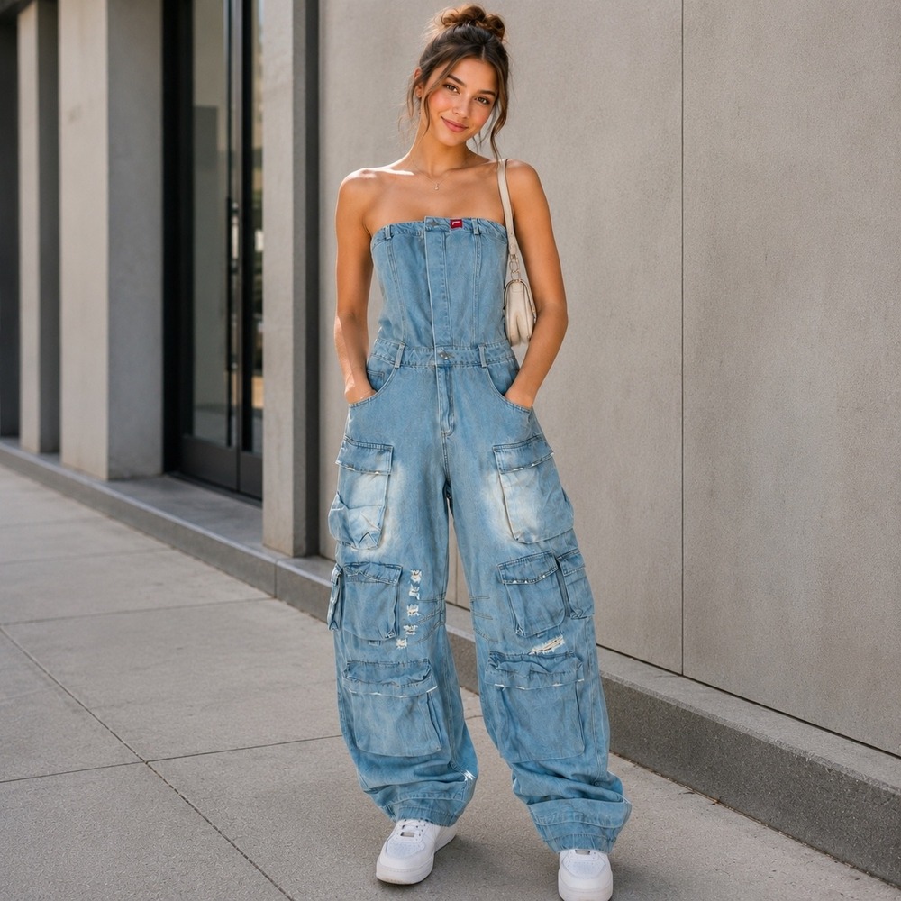 I LOVE DIY BY PANIDA Sz M Bankok $380 Denim Strapless Romper Barrel Leg HANDMADE